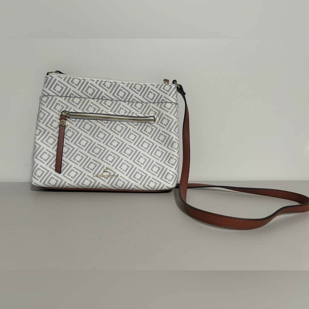 Liz Claiborne Crossbody Purse Bag White Brown Geometric Faux Leather